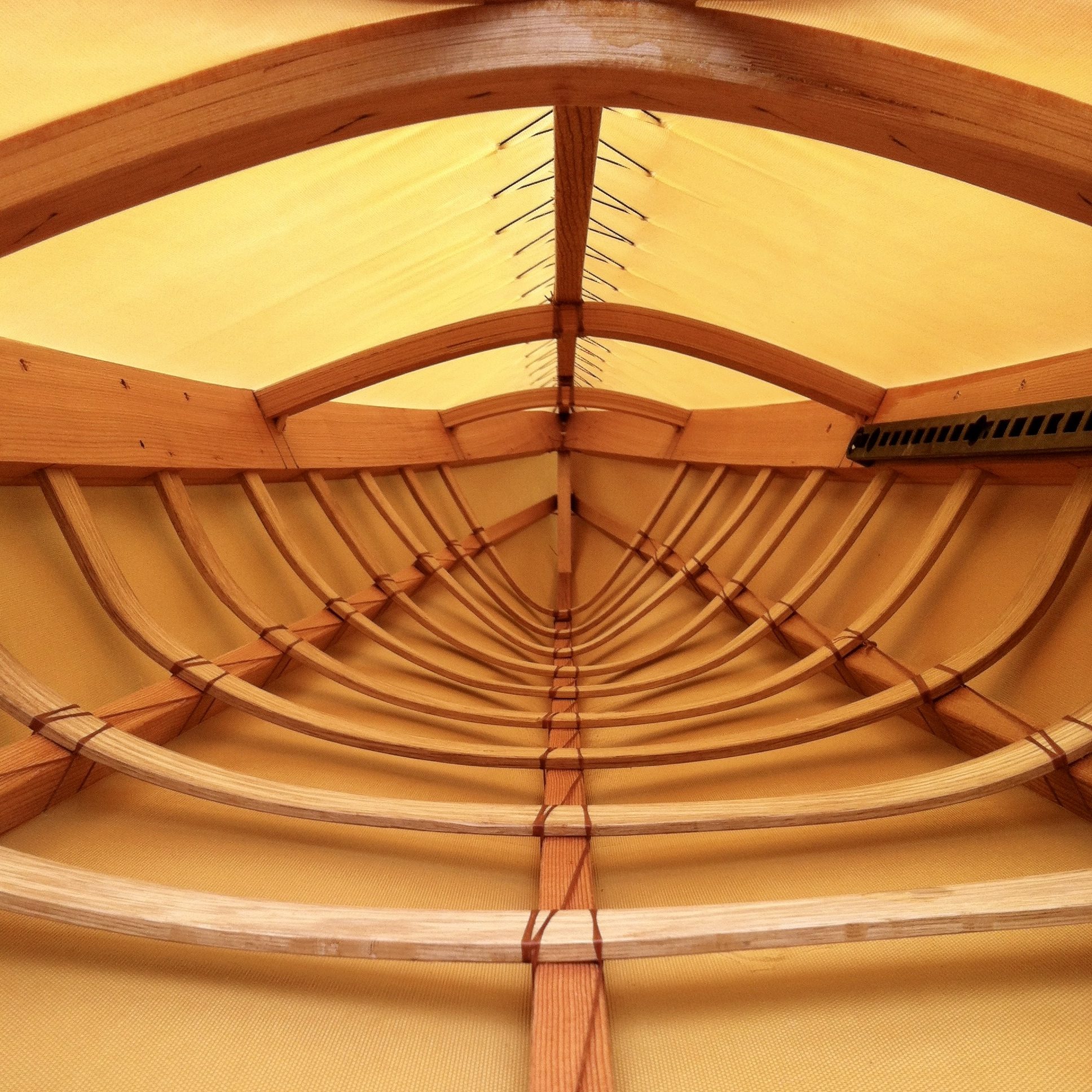 Inside view of a skin-on-frame kayak, built by David Lapaglia.