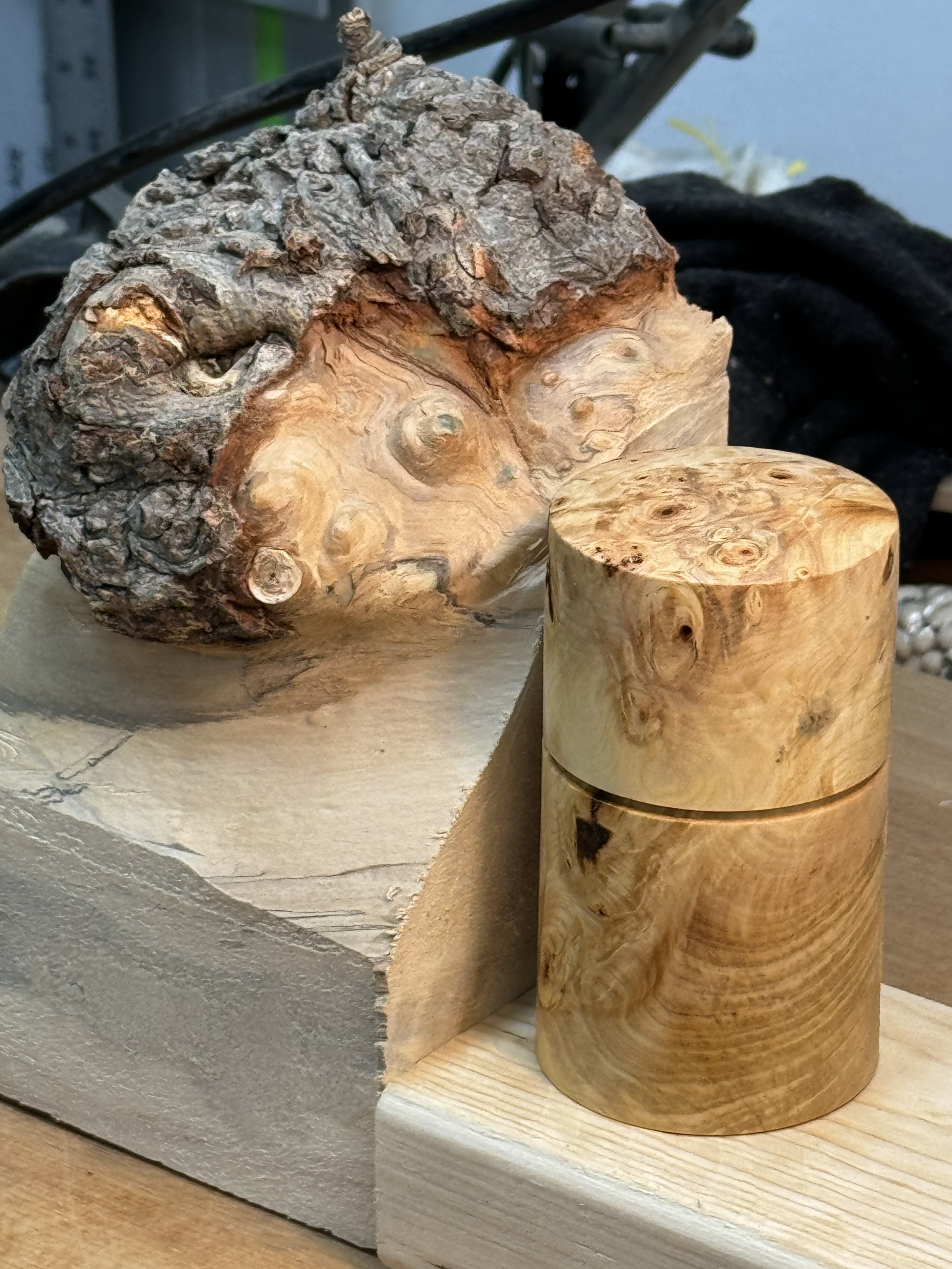 Image of soft maple burl and wooden box.