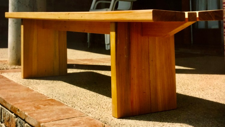 Image of wooden bench made by David LaPaglia from recycled mercedes benz shipping crates..