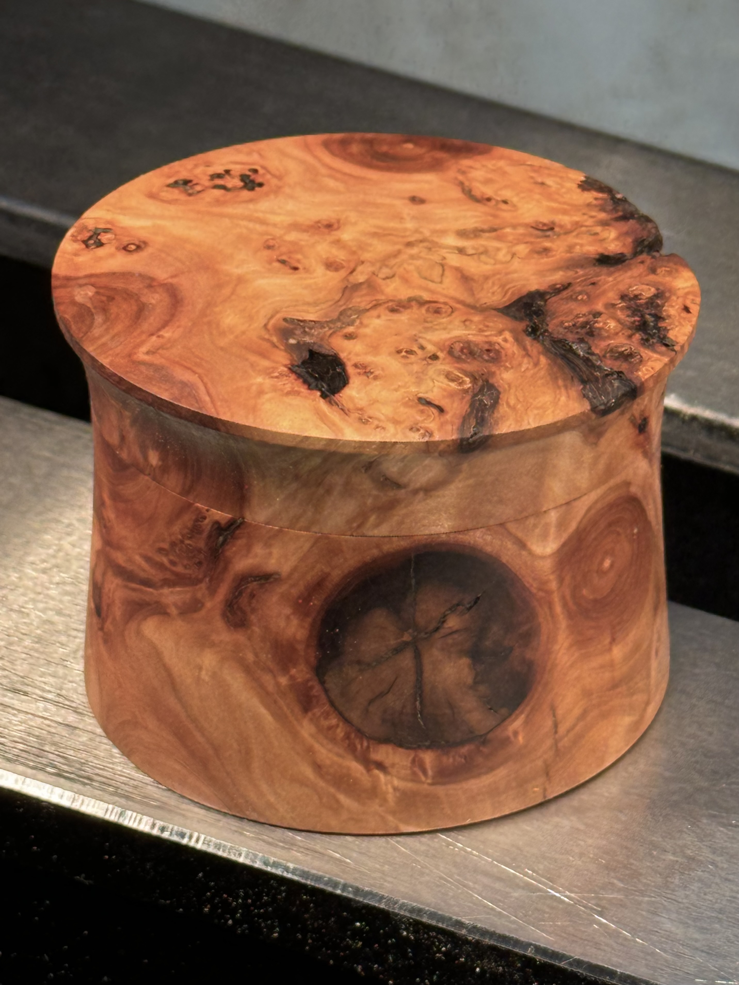 Image of a small wabi sabi apple wood box with fitted lid.